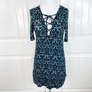 Topshop Green Floral Corset Tie Neck T-Shirt Dress